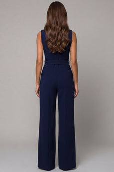 Satin Navy Slim Fit Work Jumpsuits with Pockets