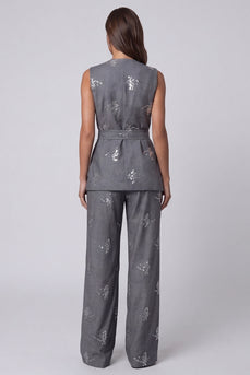 Sparkly Dark Grey 2 Piece Sequin Shawl Lapel Business Suits with Belt