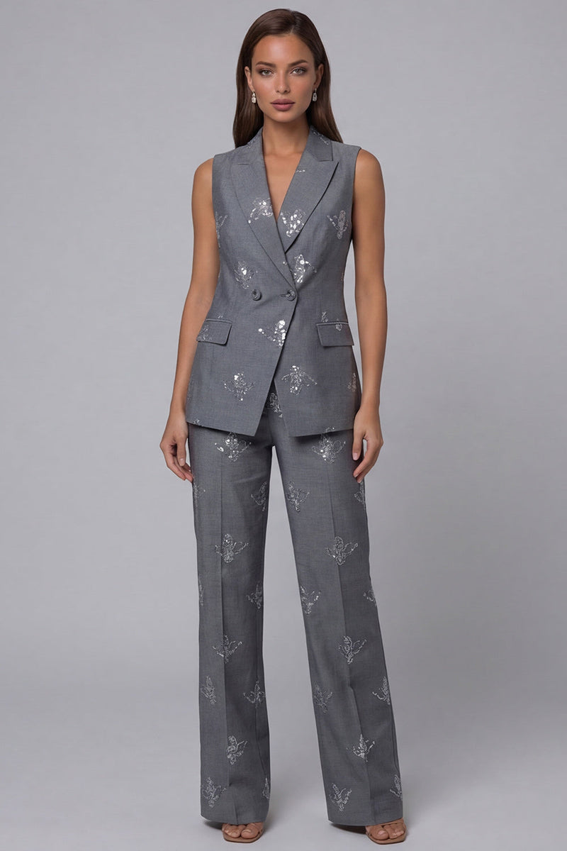 Load image into Gallery viewer, Sparkly Double Breasted Peak Lapel 2 Piece Dark Grey Sequin Business Suits