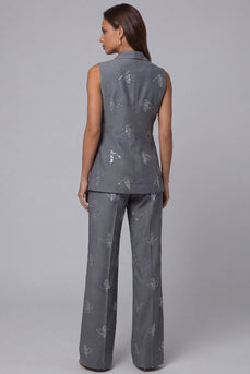 Sparkly Double Breasted Peak Lapel 2 Piece Dark Grey Sequin Business Suits