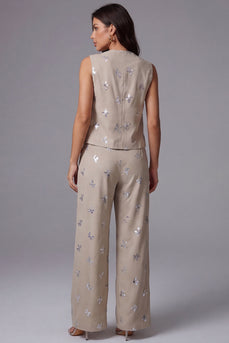 2 Piece Khaki Sparkly Single Breasted Sequin Business Suits