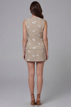 Khaki 2 Piece Single Breasted Round Neck Butterflies Business Suits