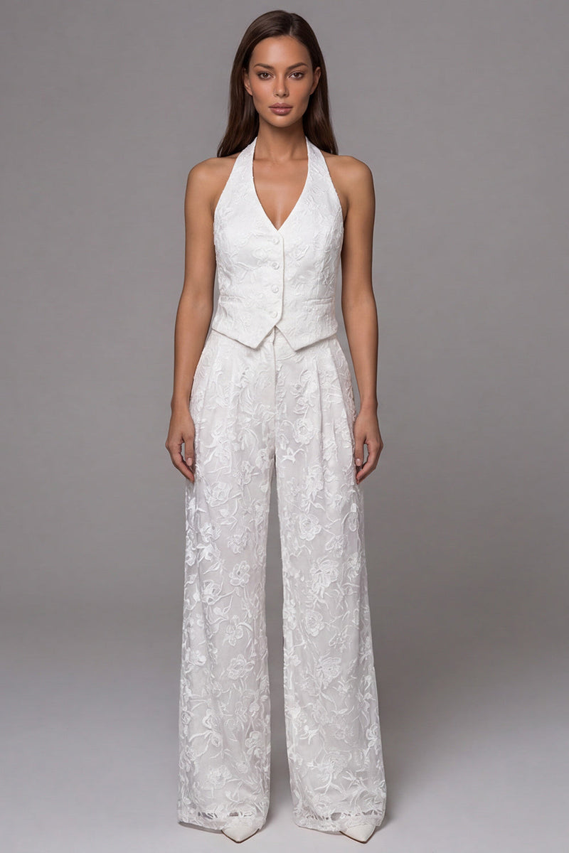 Load image into Gallery viewer, Ivory Halter Single Breasted 2 Piece Lace Floral Business Suits