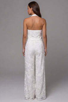 Ivory Halter Single Breasted 2 Piece Lace Floral Business Suits