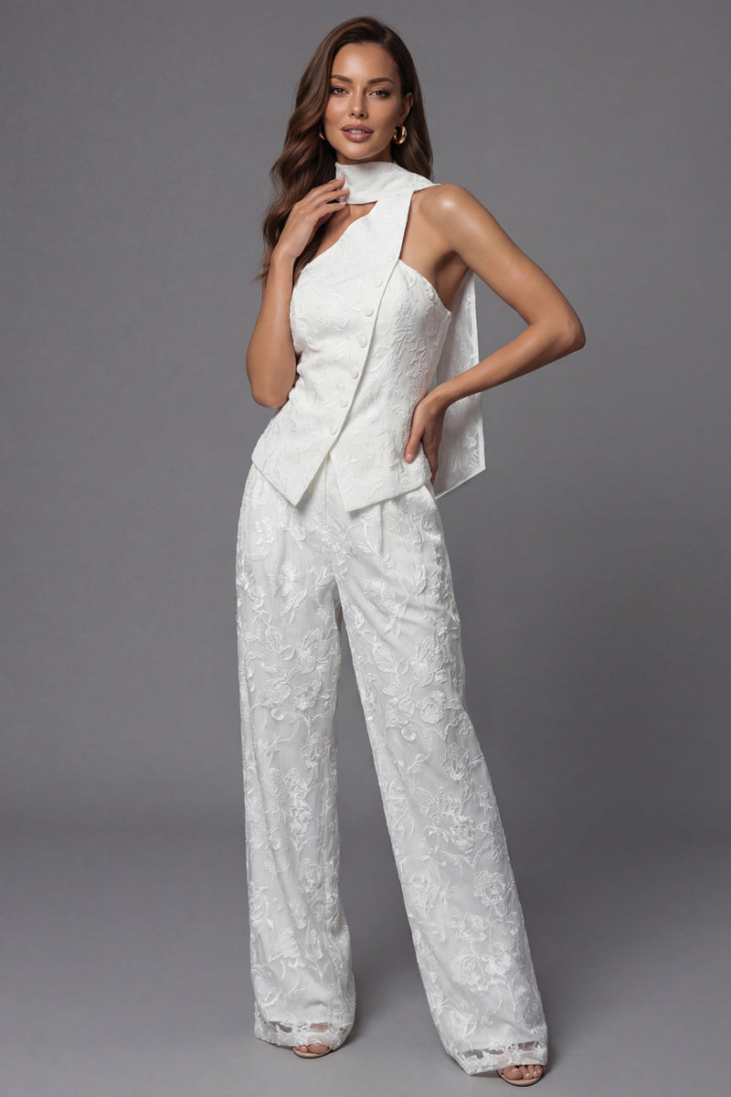 Load image into Gallery viewer, Single Breasted Lace One Shoulder 2 Piece Ivory Floral Business Suits