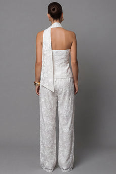 Single Breasted Lace One Shoulder 2 Piece Ivory Floral Business Suits