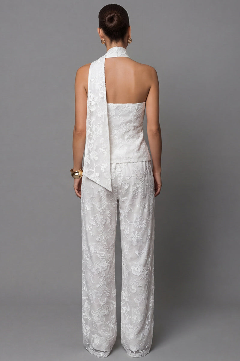 Load image into Gallery viewer, Single Breasted Lace One Shoulder 2 Piece Ivory Floral Business Suits