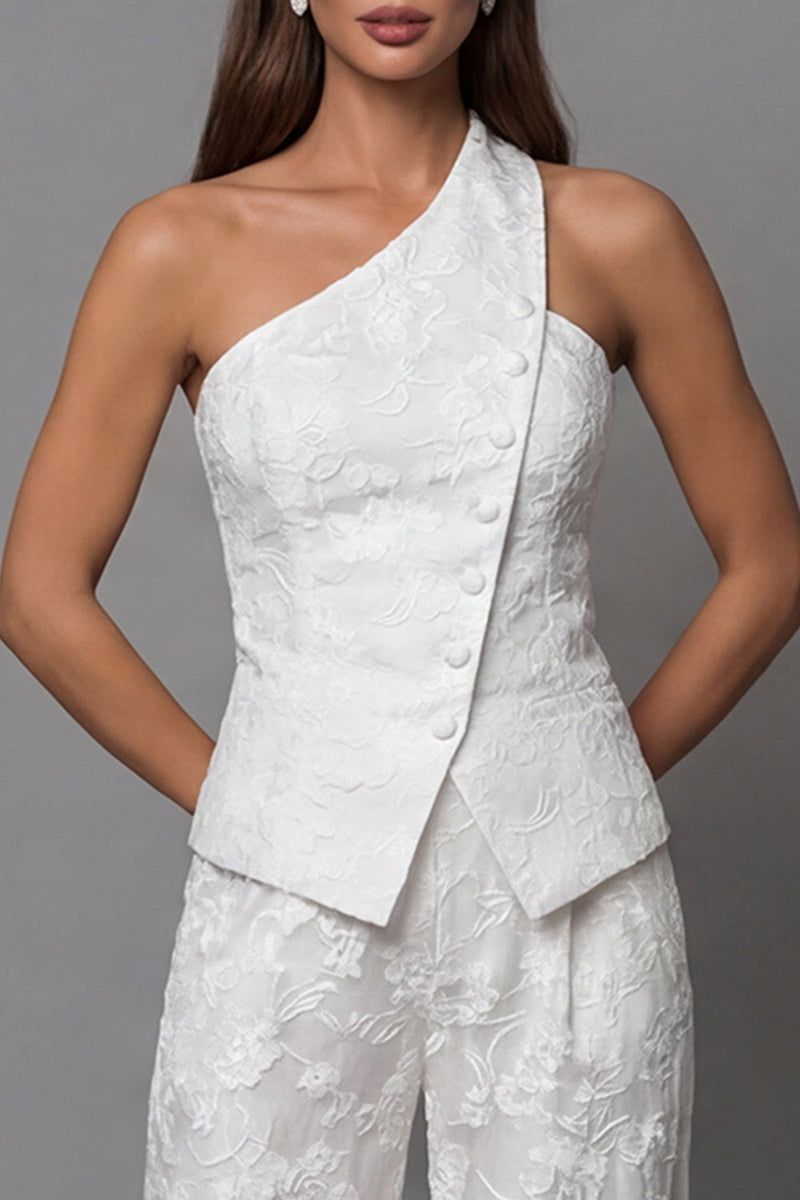 Load image into Gallery viewer, Single Breasted Lace One Shoulder 2 Piece Ivory Floral Business Suits