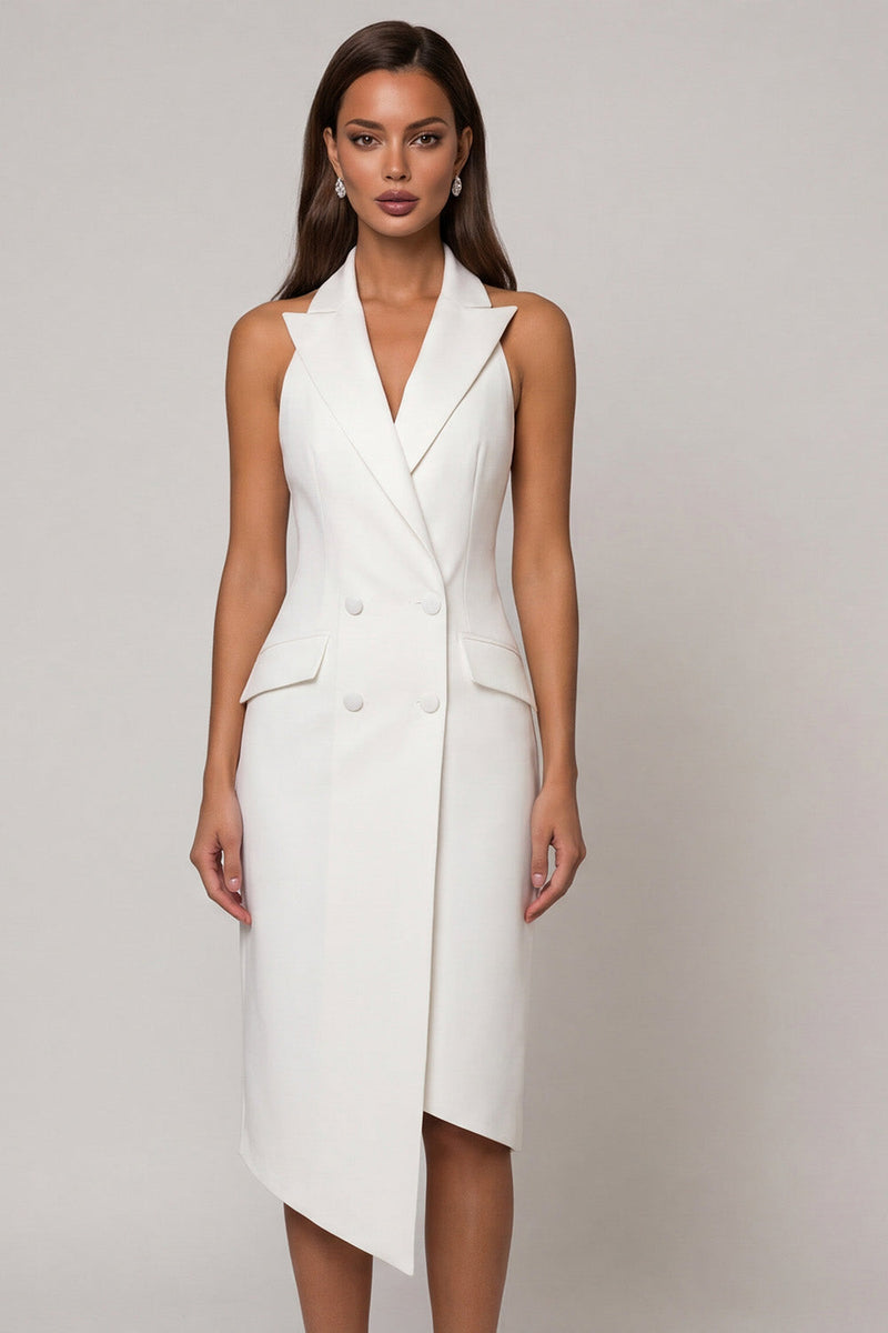 Load image into Gallery viewer, Double Breasted Backless Midi Halter White Slim Fit Blazer Dress