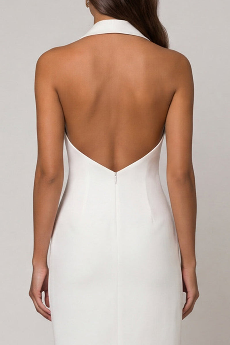 Load image into Gallery viewer, Double Breasted Backless Midi Halter White Slim Fit Blazer Dress