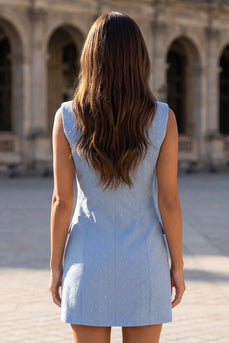 Blue Double Breasted Peak Lapel Short Slim Fit Beaded Blazer Dress