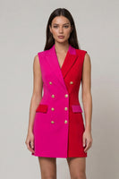 Load image into Gallery viewer, Fuchsia and Red Double Breasted Color Block Patchwork Short Peak Lapel Slim Fit Blazer Dress