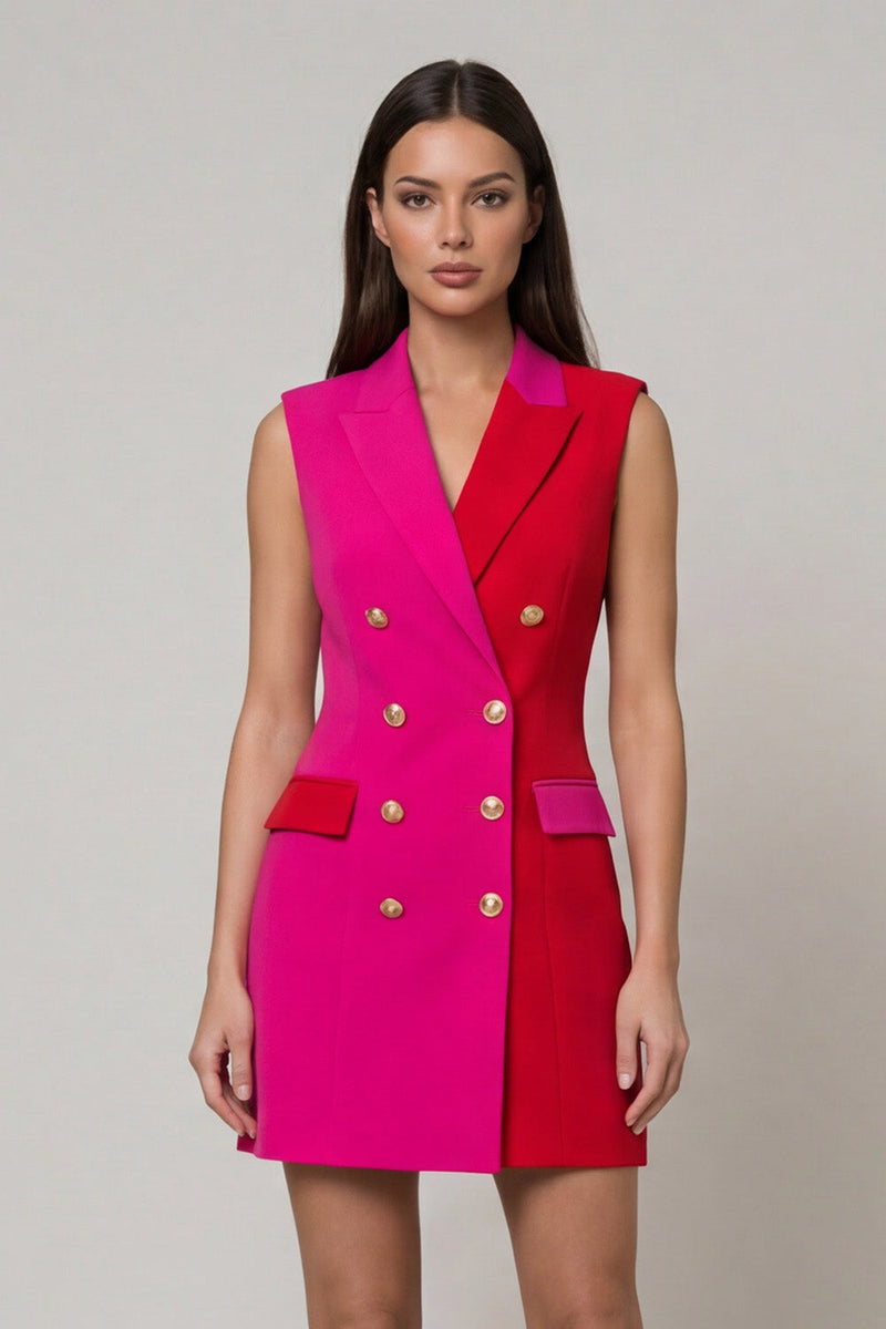 Load image into Gallery viewer, Fuchsia and Red Double Breasted Color Block Patchwork Short Peak Lapel Slim Fit Blazer Dress