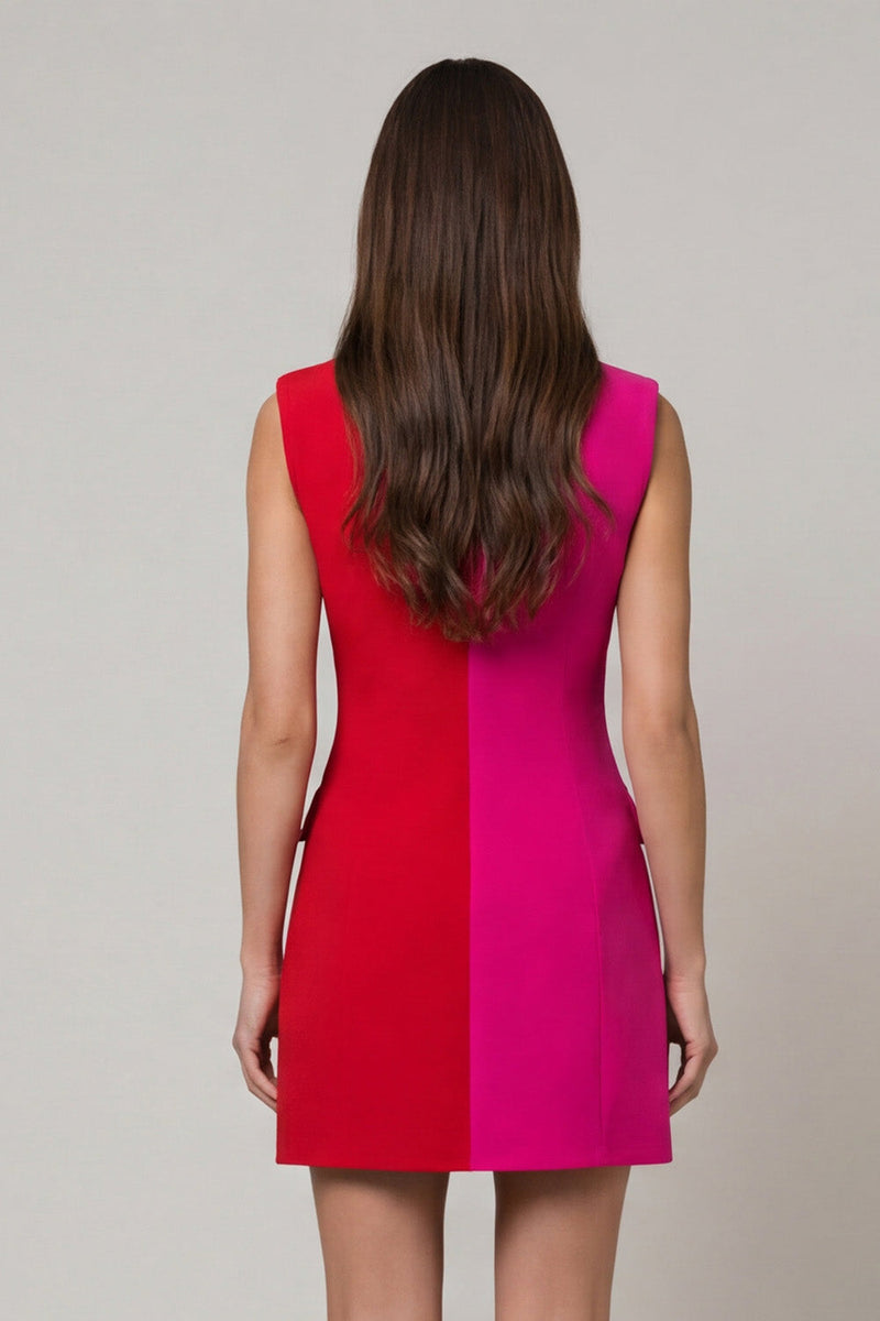 Load image into Gallery viewer, Fuchsia and Red Double Breasted Color Block Patchwork Short Peak Lapel Slim Fit Blazer Dress