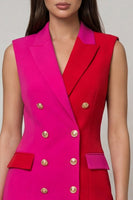Load image into Gallery viewer, Fuchsia and Red Double Breasted Color Block Patchwork Short Peak Lapel Slim Fit Blazer Dress