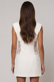 Double Breasted Peak Lapel Short White Slim Fit Blazer Dress with Lace