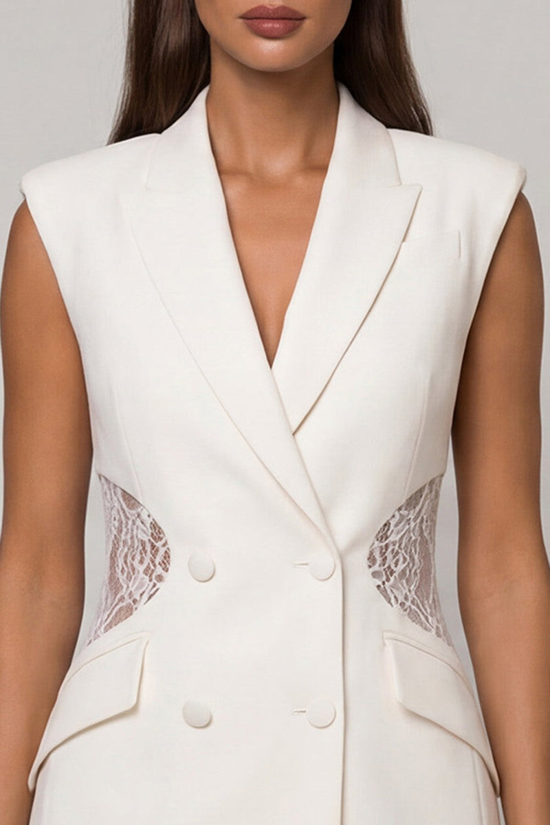 Load image into Gallery viewer, Double Breasted Peak Lapel Short White Slim Fit Blazer Dress with Lace
