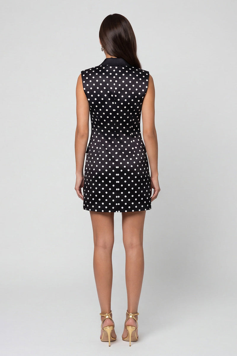 Load image into Gallery viewer, Black and White Polka Dots Peak Lapel Double Breasted Slim Fit Short Blazer Dress