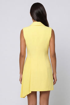 Butter Yellow Double Breasted Shawl Lapel Short Blazer Dress with Pleats