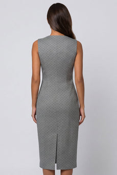 Polka Dots Grey Double Breasted Shawl Lapel Slim Fit Blazer Dress with Slit