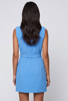 Notched Lapel Blue Slim Fit Blazer Dress with Belt