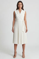 Load image into Gallery viewer, Ivory Notched Lapel Pleated Work Dress with Belt