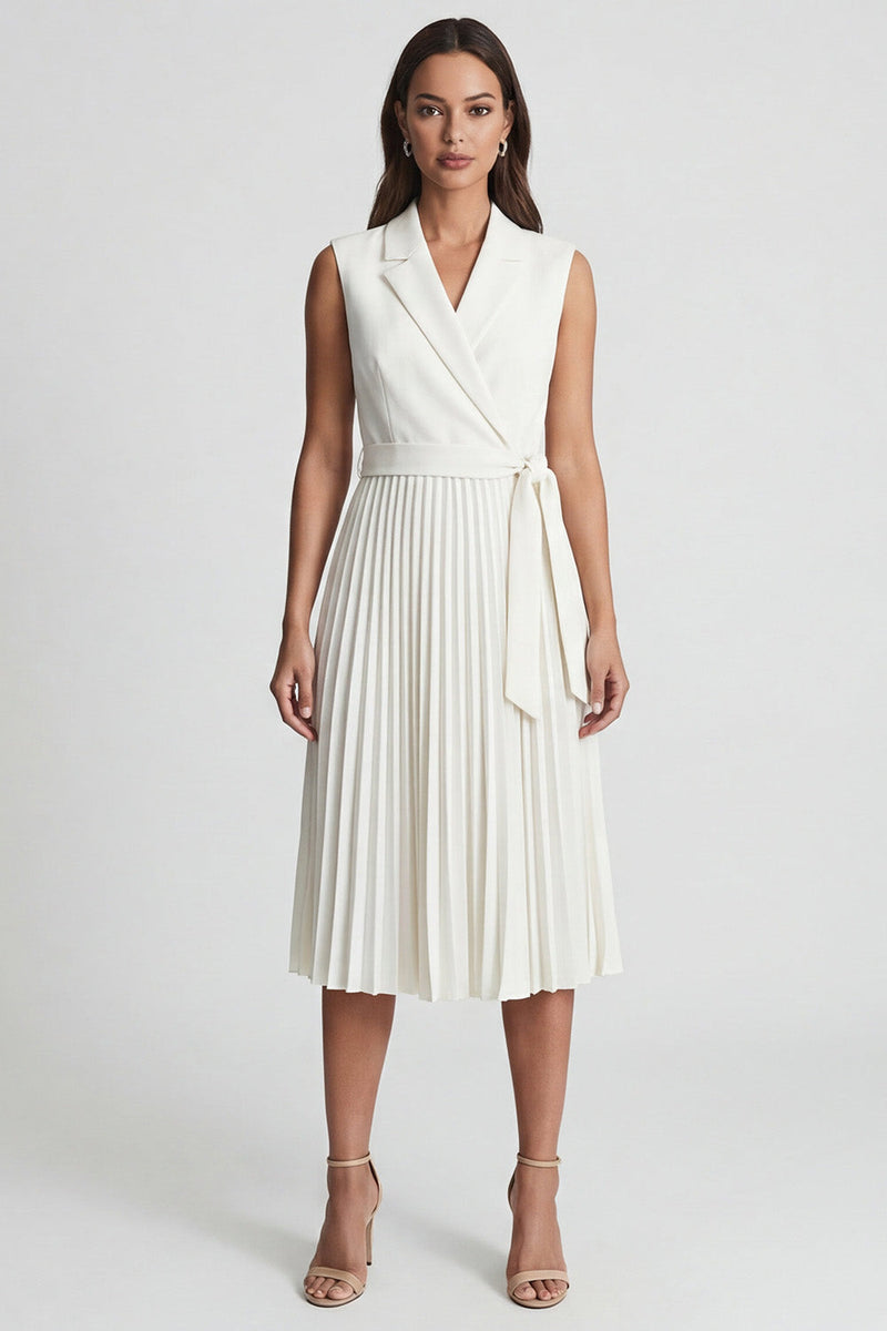 Load image into Gallery viewer, Ivory Notched Lapel Pleated Work Dress with Belt