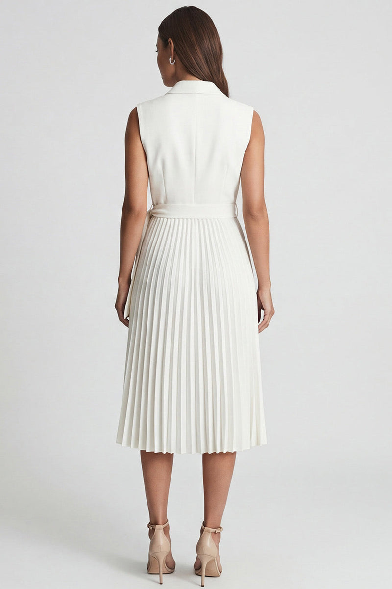 Load image into Gallery viewer, Ivory Notched Lapel Pleated Work Dress with Belt
