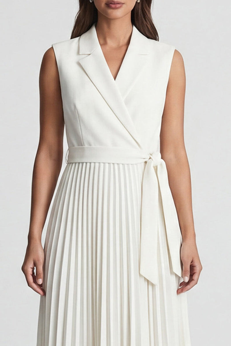 Load image into Gallery viewer, Ivory Notched Lapel Pleated Work Dress with Belt