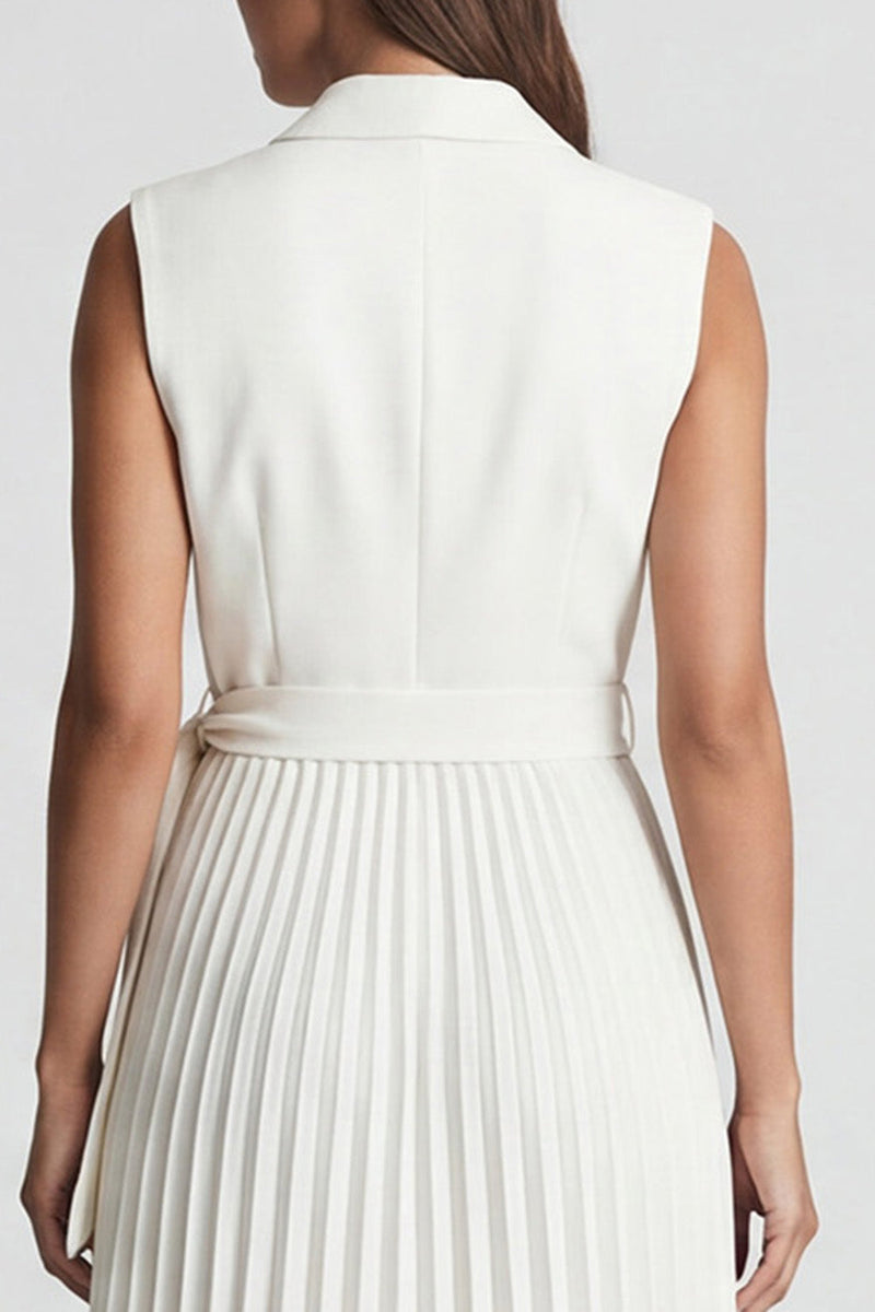 Load image into Gallery viewer, Ivory Notched Lapel Pleated Work Dress with Belt