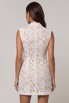 Ivory Double Breasted Floral Peak Lapel Lace Slim Fit Short Blazer Dress