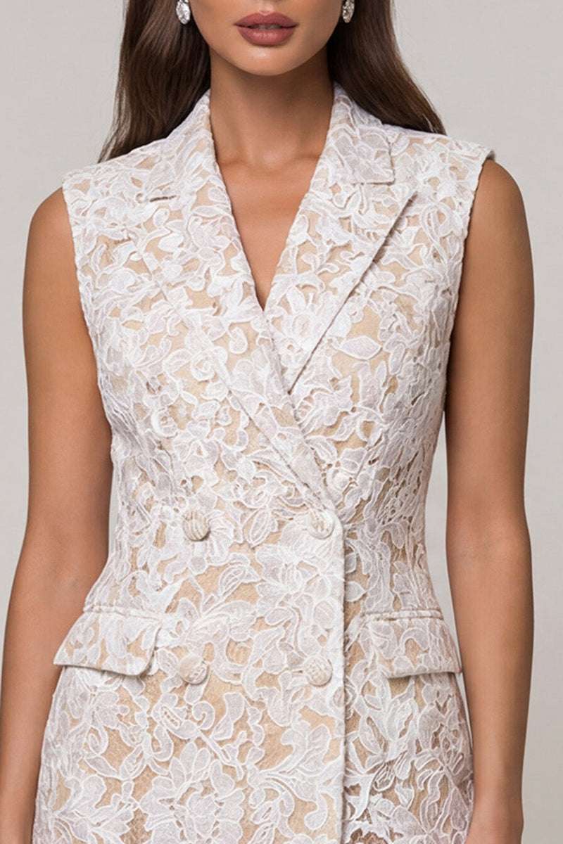 Load image into Gallery viewer, Ivory Double Breasted Floral Peak Lapel Lace Slim Fit Short Blazer Dress