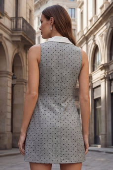Polka Dots Grey Double Breasted Slim Fit Notched Lapel Short Work Dress