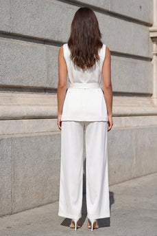 2 Piece White Shawl Lapel Wide Leg Business Suits with Belt