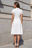 Load image into Gallery viewer, White Short Sleeves Midi Notched Lapel Double Breasted Work Dress