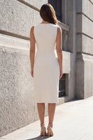Load image into Gallery viewer, Simple Ivory Bodycon Midi Ruched Work Dress with Slit