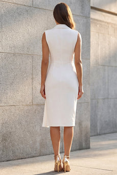 White Simple Notched Lapel Midi Ruched Work Dress