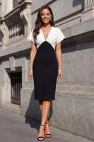 Load image into Gallery viewer, Black and White V-Neck Short Sleeves Color Block Patchwork Midi Bodycon Work Dress