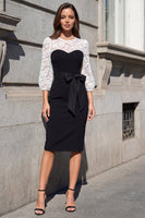 Load image into Gallery viewer, Floral Round Neck Black and White 3/4 Sleeves Midi Bodycon Work Dress with Lace