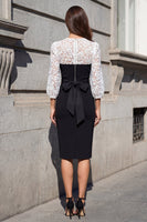 Load image into Gallery viewer, Floral Round Neck Black and White 3/4 Sleeves Midi Bodycon Work Dress with Lace