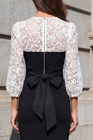 Load image into Gallery viewer, Floral Round Neck Black and White 3/4 Sleeves Midi Bodycon Work Dress with Lace