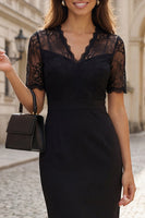 Load image into Gallery viewer, Black Floral V-Neck Short Sleeves Short Bodycon Work Dress with Lace