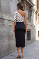 Load image into Gallery viewer, One Shoulder Polka Dots Bodycon Black and White Midi Work Dress with Bow