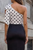 Load image into Gallery viewer, One Shoulder Polka Dots Bodycon Black and White Midi Work Dress with Bow