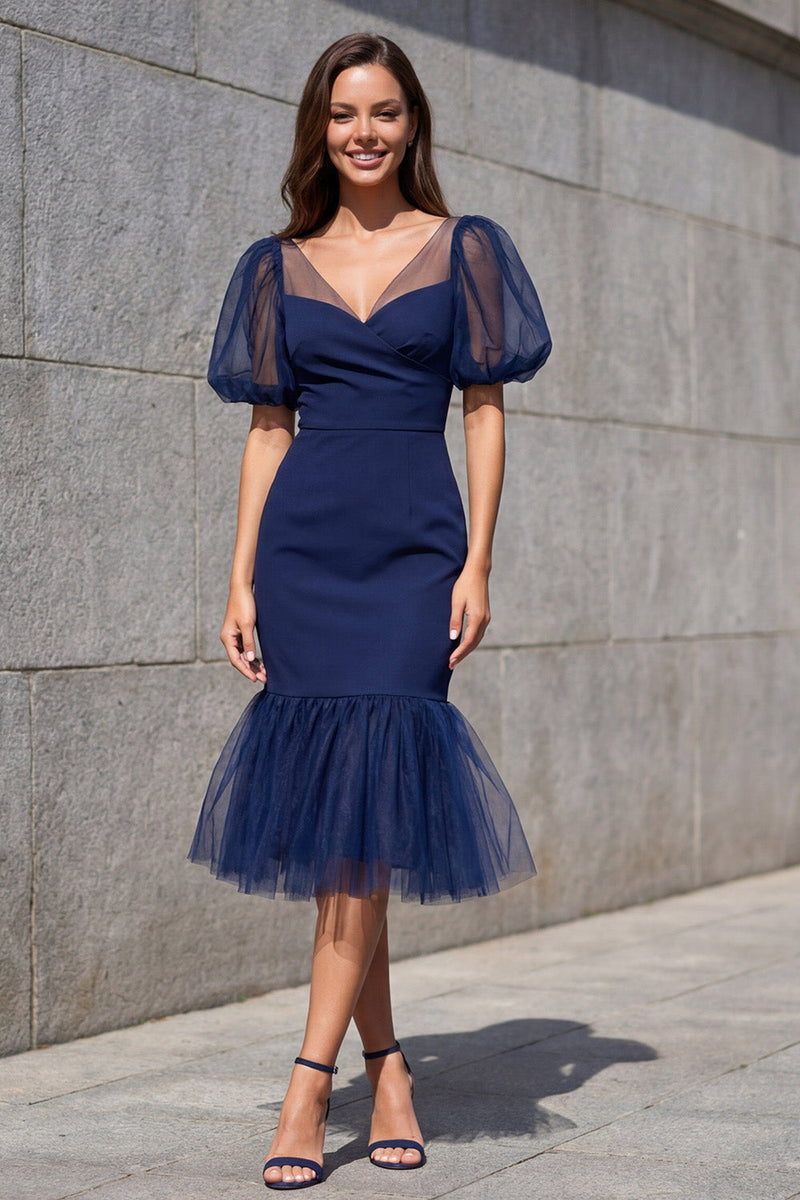 Load image into Gallery viewer, Navy Mermaid V-Neck Puff Sleeves Midi Work Dress