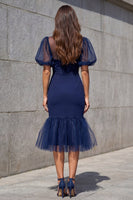 Load image into Gallery viewer, Navy Mermaid V-Neck Puff Sleeves Midi Work Dress