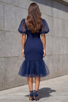 Navy Mermaid V-Neck Puff Sleeves Midi Work Dress