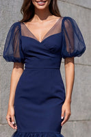 Load image into Gallery viewer, Navy Mermaid V-Neck Puff Sleeves Midi Work Dress