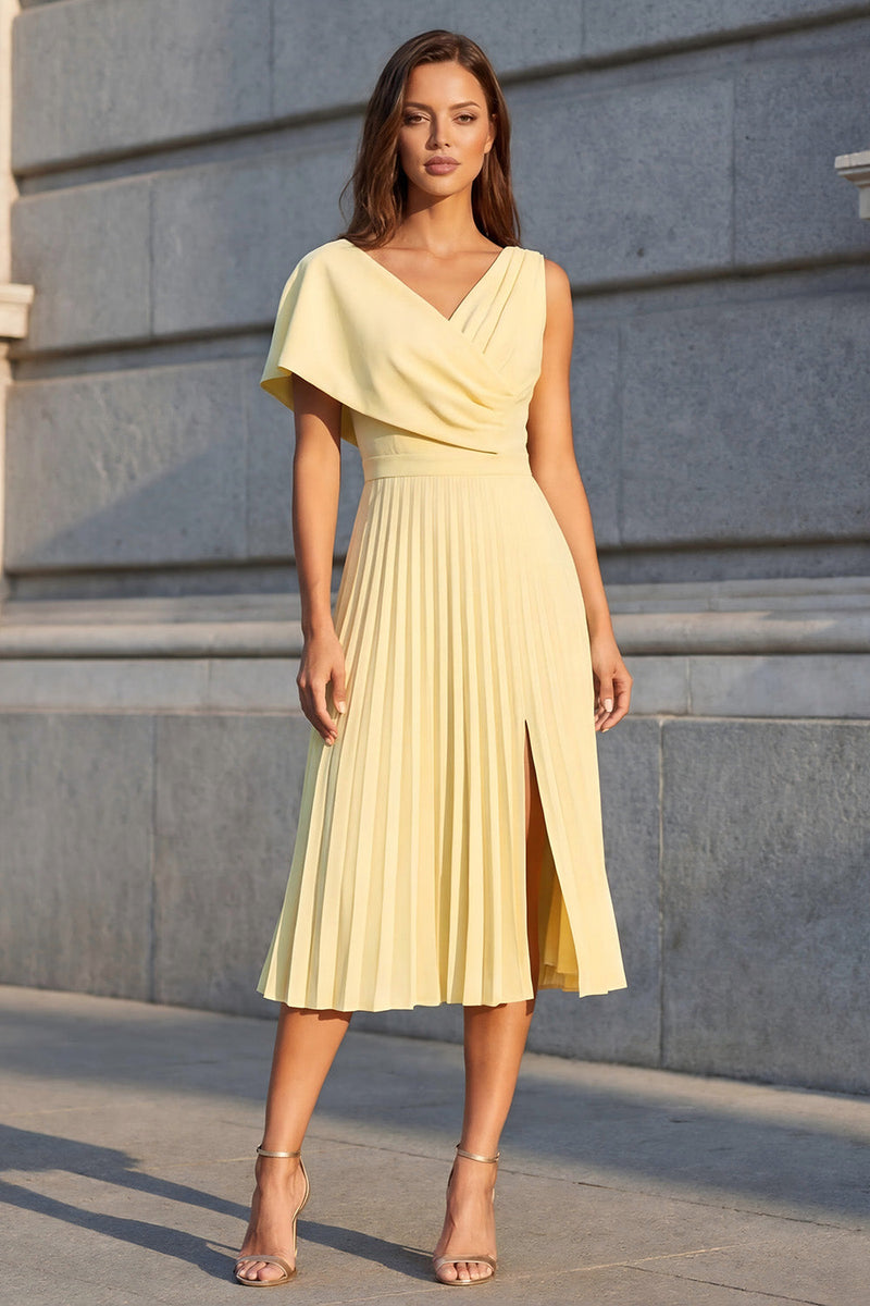Load image into Gallery viewer, A Line Pleated V-Neck Ruched Butter Yellow Midi Work Dress with Slit