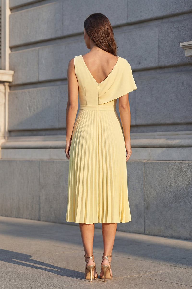 Load image into Gallery viewer, A Line Pleated V-Neck Ruched Butter Yellow Midi Work Dress with Slit